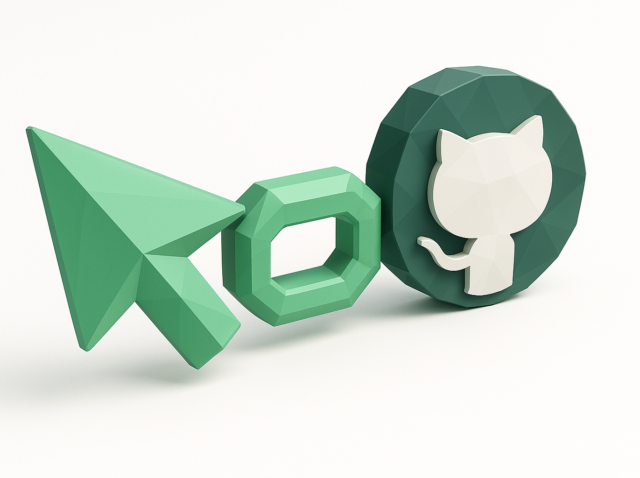 Low-poly green cursor icon pointing through a link ring toward a GitHub Octocat emblem, symbolizing connecting Cursor to GitHub repositories.