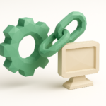Connecting Legacy Systems with Zapier — A Practical Guide 6 Low-poly illustration of a gear, chain link, and vintage computer representing connecting legacy systems and automation with Zapier integration