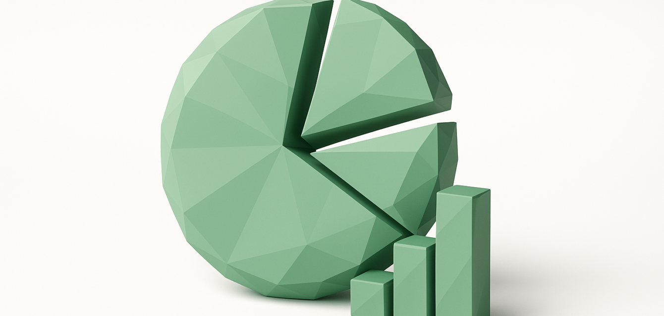 2026 Cost Analysis: n8n vs Zapier vs Make — Pie and Bar Chart 3D polygonal green pie chart with separated slices and a rising bar chart, representing a 2026 cost comparison of n8n vs Zapier vs Make