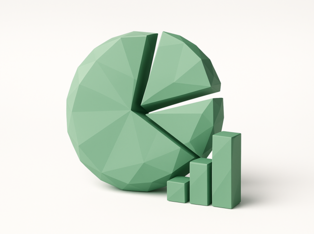 n8n vs Zapier vs Make'in 2026 maliyet karşılaştırmasını temsil eden, ayrılmış dilimler ve yükselen bir çubuk grafik içeren 3D çokgen yeşil pasta grafik