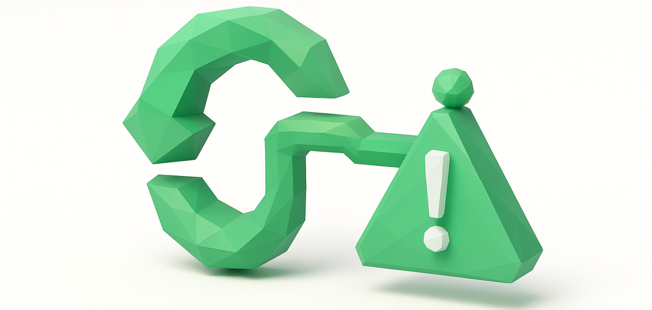 Low-poly green 3D icon showing a stylized C-shaped node connected to a triangular warning sign with an exclamation mark, illustrating an error trigger workflow concept for n8n.