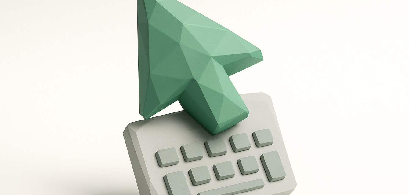 Cursor Keyboard Shortcuts Cheat Sheet (2026) - Low-Poly Cursor on Keyboard Illustration Low-poly green cursor arrow perched on a compact keyboard icon, conceptual illustration for the Cursor Keyboard Shortcuts Cheat Sheet (2026) blog post.