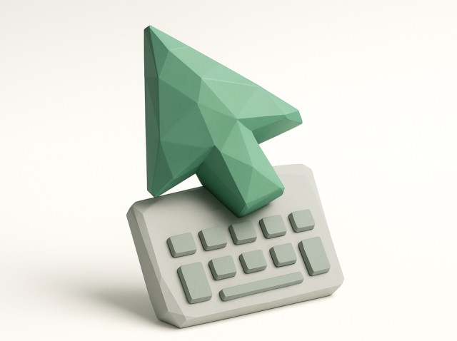 Kompakt bir klavye simgesinin üzerine tünemiş düşük poli yeşil imleç oku, İmleç Klavye Kısayolları Hile Sayfası (2026) blog yazısı için kavramsal illüstrasyon.