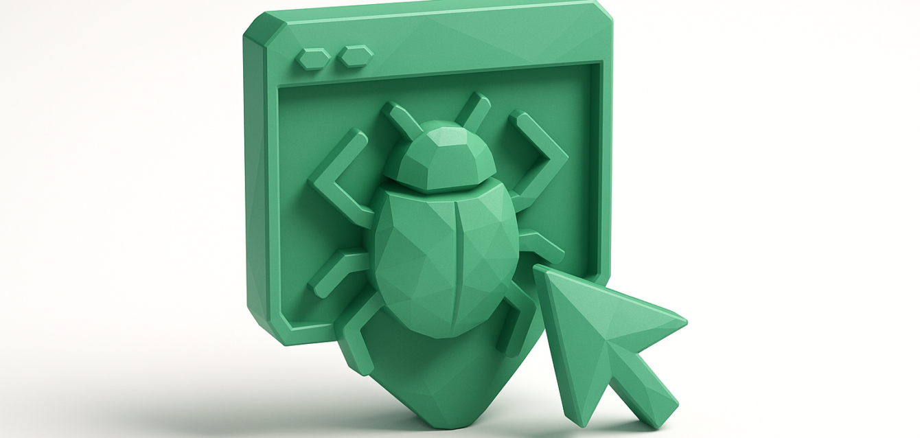 Debug Node.js Applications with Cursor — 2026 Guide (Bug & Cursor Icon) 3D green stylized bug inside a browser-like window with a large cursor pointer, concept image for debugging Node.js applications using Cursor