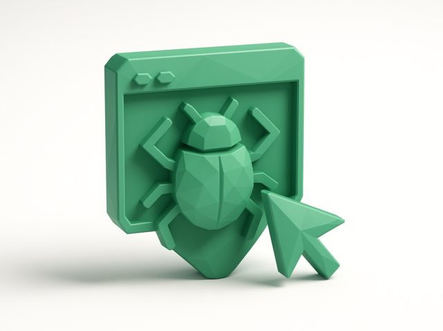 Büyük bir imleç işaretçisi ile tarayıcı benzeri bir pencere içinde 3D yeşil stilize böcek, Cursor kullanarak Node.js uygulamalarında hata ayıklama için konsept görüntü