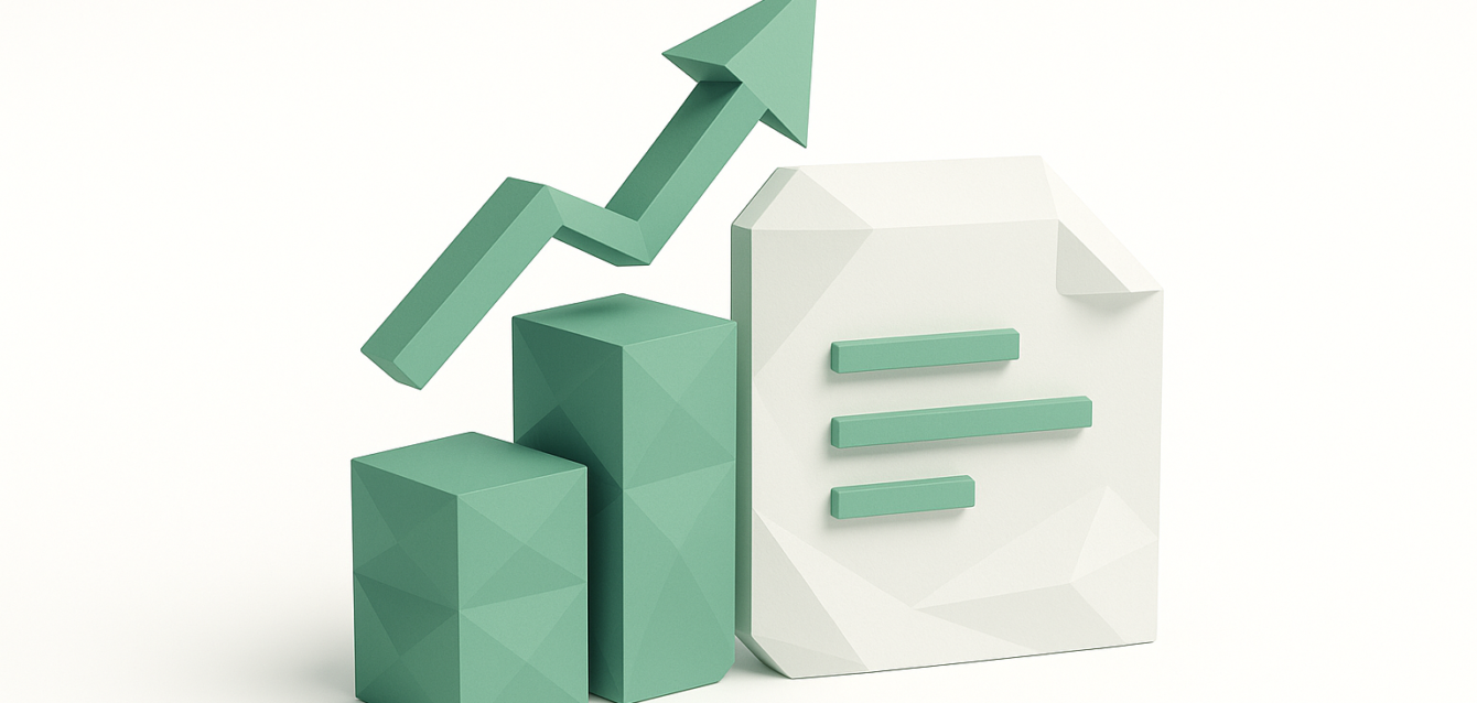 Minimal 3D graphic of green bar chart, upward arrow and document icon representing performance metrics for fine-tuning Gemini 3