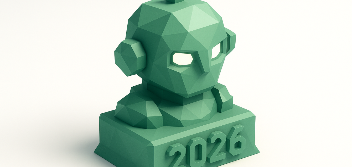 AI Models 2026 — Low-Poly Robot Bust Symbolizing Chatbots to Autonomy Low-poly green robot bust on a pedestal engraved with "2026", symbolizing the future of AI models and the shift from chatbots to autonomous systems.
