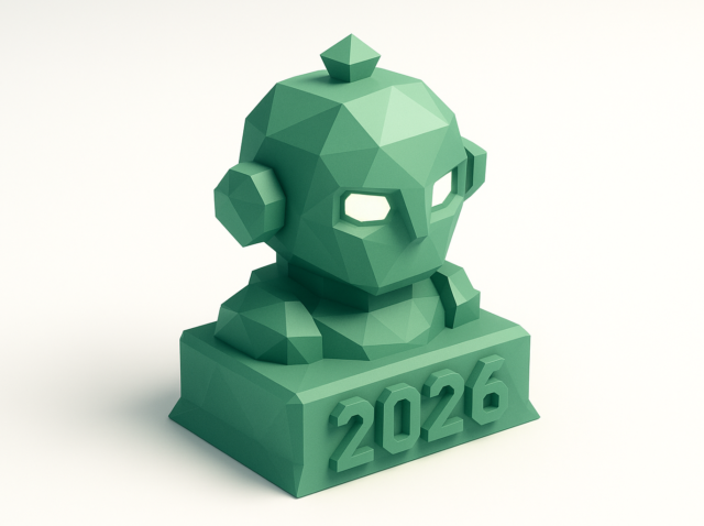 Yapay zeka modellerinin geleceğini ve chatbot'lardan otonom sistemlere geçişi simgeleyen "2026" yazılı bir kaide üzerinde düşük poli yeşil robot büstü.