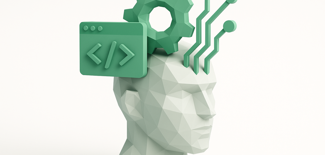 The Future of Software Engineering with Gemini — AI-Powered Coding Visualization Stylized low-poly human head with a green gear, code window icon and circuit traces emerging from the skull, representing Gemini AI assisting software engineering and the future of coding workflows.