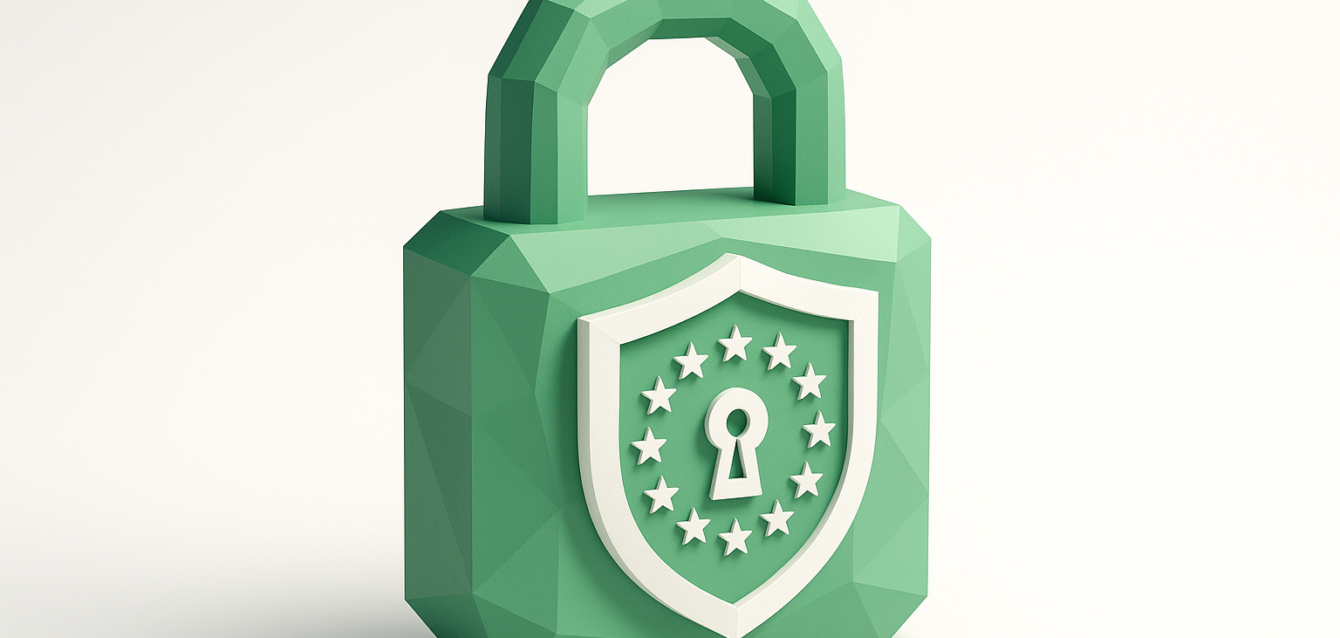 GDPR Compliance in Automation Tools: 2026 Guide — Padlock with EU Shield Green polygonal padlock with a shield showing EU stars and a keyhole, representing GDPR compliance and data protection for automation tools