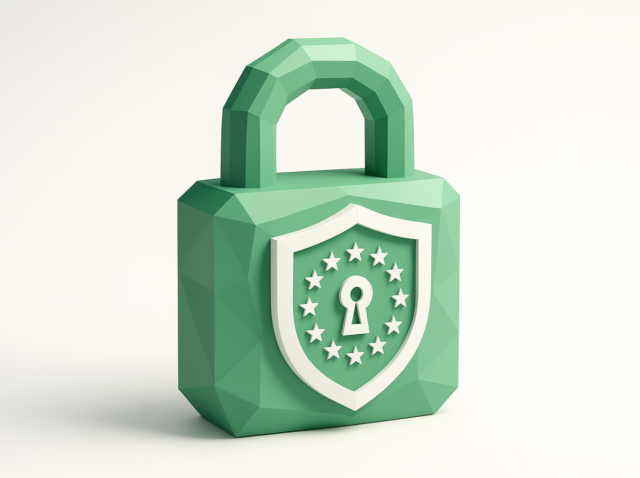 Otomasyon araçları için GDPR uyumluluğunu ve veri korumasını temsil eden, AB yıldızlarını gösteren bir kalkan ve bir anahtar deliğine sahip yeşil çokgen asma kilit