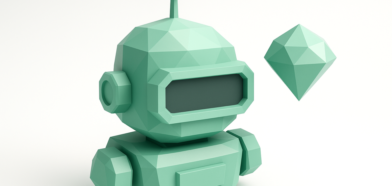 Low-poly mint green robot with a floating geometric gem, symbolizing the Gemini 3 AI agent and the agentic shift in business automation