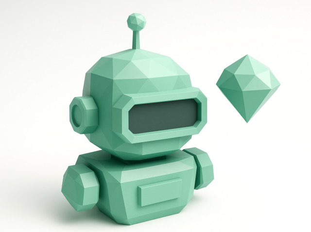 Low-poly mint green robot with a floating geometric gem, symbolizing the Gemini 3 AI agent and the agentic shift in business automation