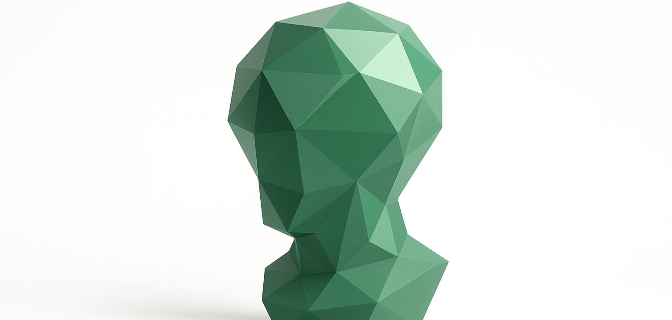 Low-poly green geometric 3D bust on a white background — abstract polygonal head symbolizing AI vision and Gemini 3 image features for enterprise workflows, visual analysis and metadata extraction.