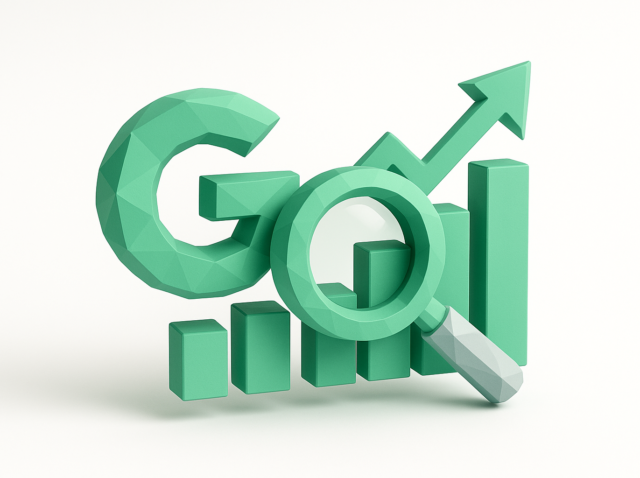 Yükselen bir çubuk grafik ve yukarı doğru ok üzerinde bir büyüteç bulunan 3D yeşil SEO konsept grafiği, İkizler 3 ve ajansal yapay zeka çağıyla ilgili arama analitiği, optimizasyon ve büyümeyi sembolize ediyor.