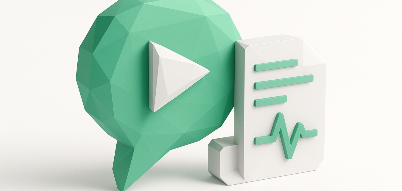 Low-poly mint-green speech bubble with a white play button beside a white document icon showing green text lines and a waveform, representing Gemini 3 multimodal AI for business combining audio, text, and data analytics.
