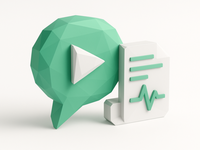 Low-poly mint-green speech bubble with a white play button beside a white document icon showing green text lines and a waveform, representing Gemini 3 multimodal AI for business combining audio, text, and data analytics.