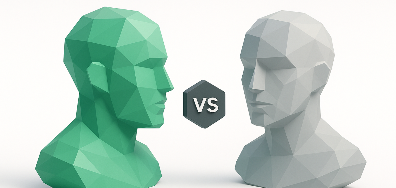 Two low-poly human busts facing each other with a dark hexagon 'VS' symbol between them; the left bust is green (symbolizing Gemini 3 Pro) and the right bust is gray (symbolizing GPT-5) on a clean white background — visual metaphor for a 2026 AI business comparison.