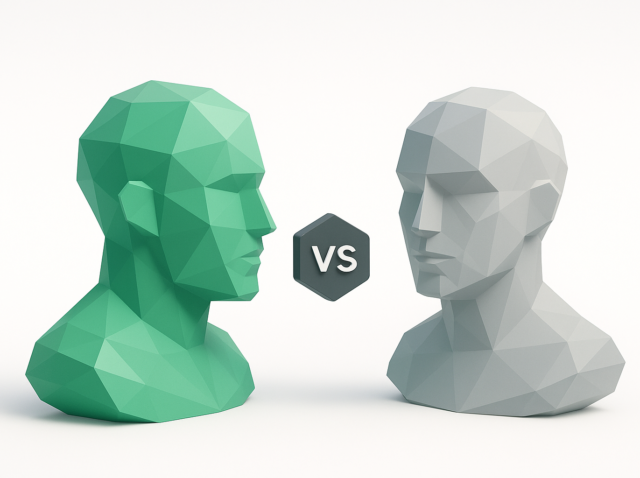 Two low-poly human busts facing each other with a dark hexagon 'VS' symbol between them; the left bust is green (symbolizing Gemini 3 Pro) and the right bust is gray (symbolizing GPT-5) on a clean white background — visual metaphor for a 2026 AI business comparison.