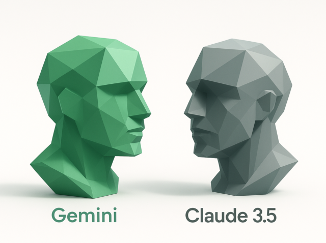 "Gemini" etiketli yeşil düşük poli büst, "Claude 3.5" etiketli gri düşük poli büstle karşı karşıya, kafa kafaya bir AI karşılaştırması için görsel metafor (Gemini 3 vs Claude 3.5 Opus).