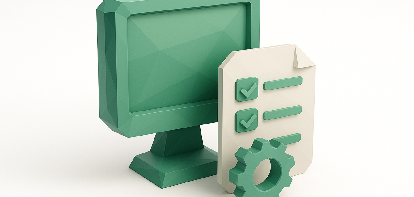 3D green computer monitor beside a checklist document and gear icon symbolizing automated unit test generation with Cursor AI