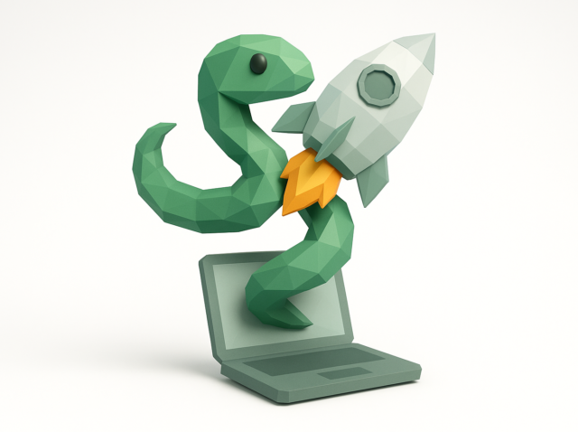 Low-poly green Python snake emerging from a laptop clutching a rocket — visual metaphor for Google Antigravity Python development (2026).