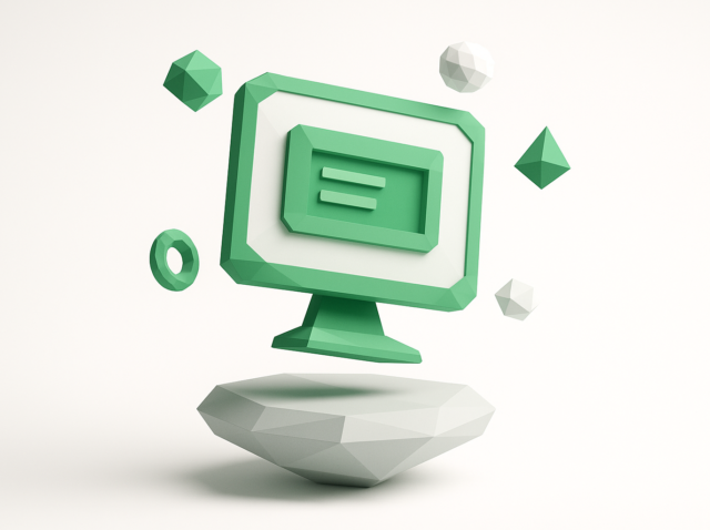 Green stylized computer monitor levitating above a faceted rock with floating geometric shapes, visual metaphor for Google Antigravity IDE features
