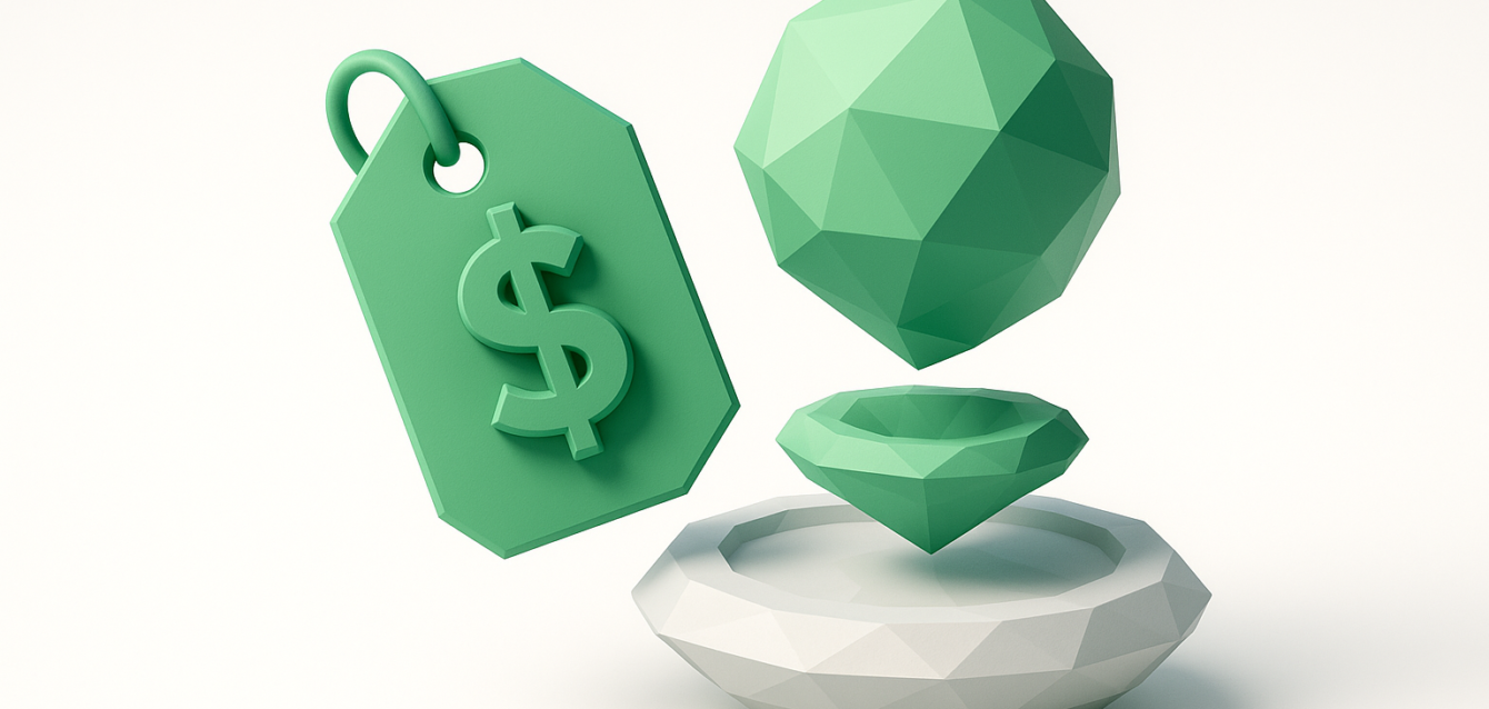 Green geometric price tag with dollar sign and levitating polygonal shapes above a faceted base, conceptual illustration for Google Antigravity pricing and access (2026).