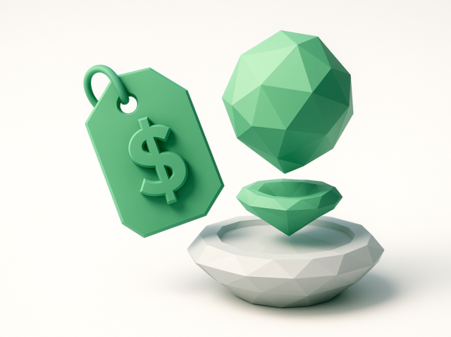 Green geometric price tag with dollar sign and levitating polygonal shapes above a faceted base, conceptual illustration for Google Antigravity pricing and access (2026).