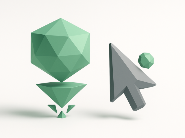 Cursor AI'yı temsil eden büyük bir gri imleç işaretçisinin yanında Google Antigravity'yi simgeleyen havalanan yeşil yönlü bir çokgenin minimalist 3D illüstrasyonu, 2026'da bir IDE karşılaştırması için kavramsal sanat çalışması.