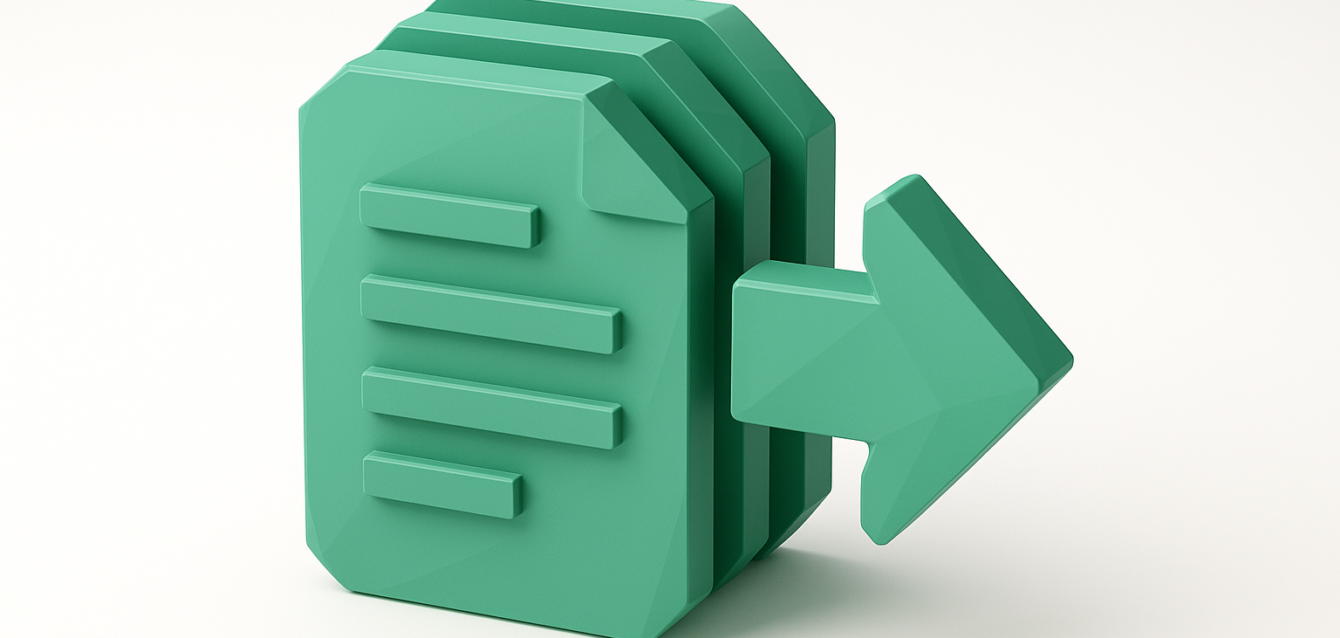 Teal stacked document icons with a right-pointing arrow illustrating paginated API responses and page-by-page data retrieval in Make.com workflows