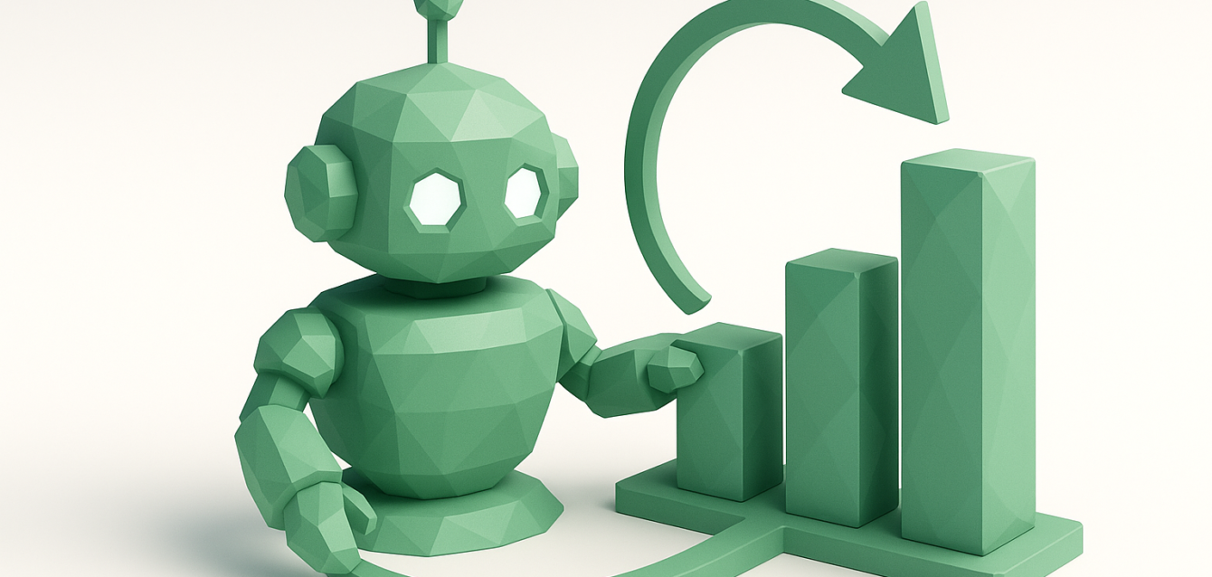 Green low-poly robot next to a rising bar chart with a circular arrow, symbolizing AI automation to boost business efficiency and achieve faster ROI