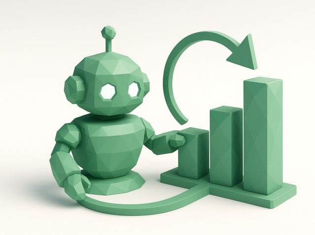 Green low-poly robot next to a rising bar chart with a circular arrow, symbolizing AI automation to boost business efficiency and achieve faster ROI