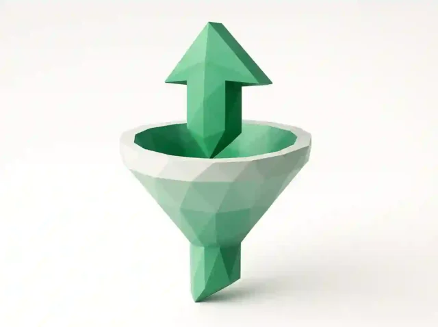 2026'da B2B potansiyel müşteri yaratma hunisini ve istikrarlı büyümeyi simgeleyen, yukarı doğru çıkan bir ok ile 3D düşük poli yeşil huni