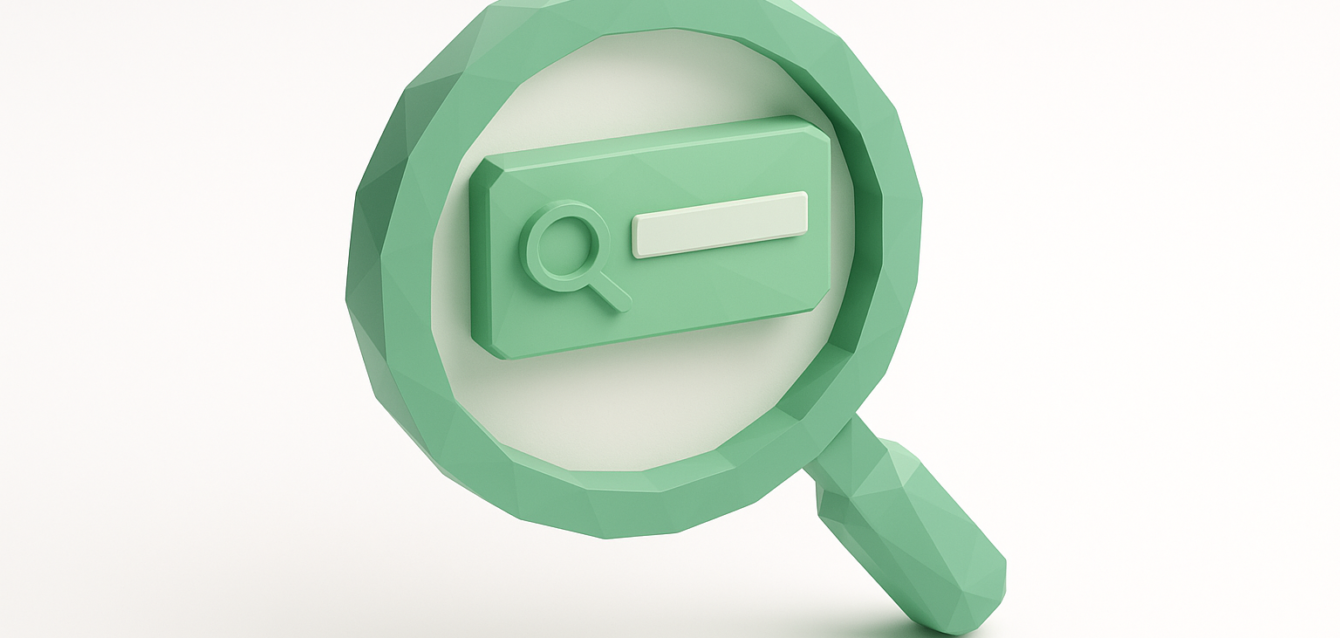 Automated Image Search Magnifier Icon 3D low-poly green magnifying glass with a search bar and small magnifier icon inside, representing image search and automation techniques
