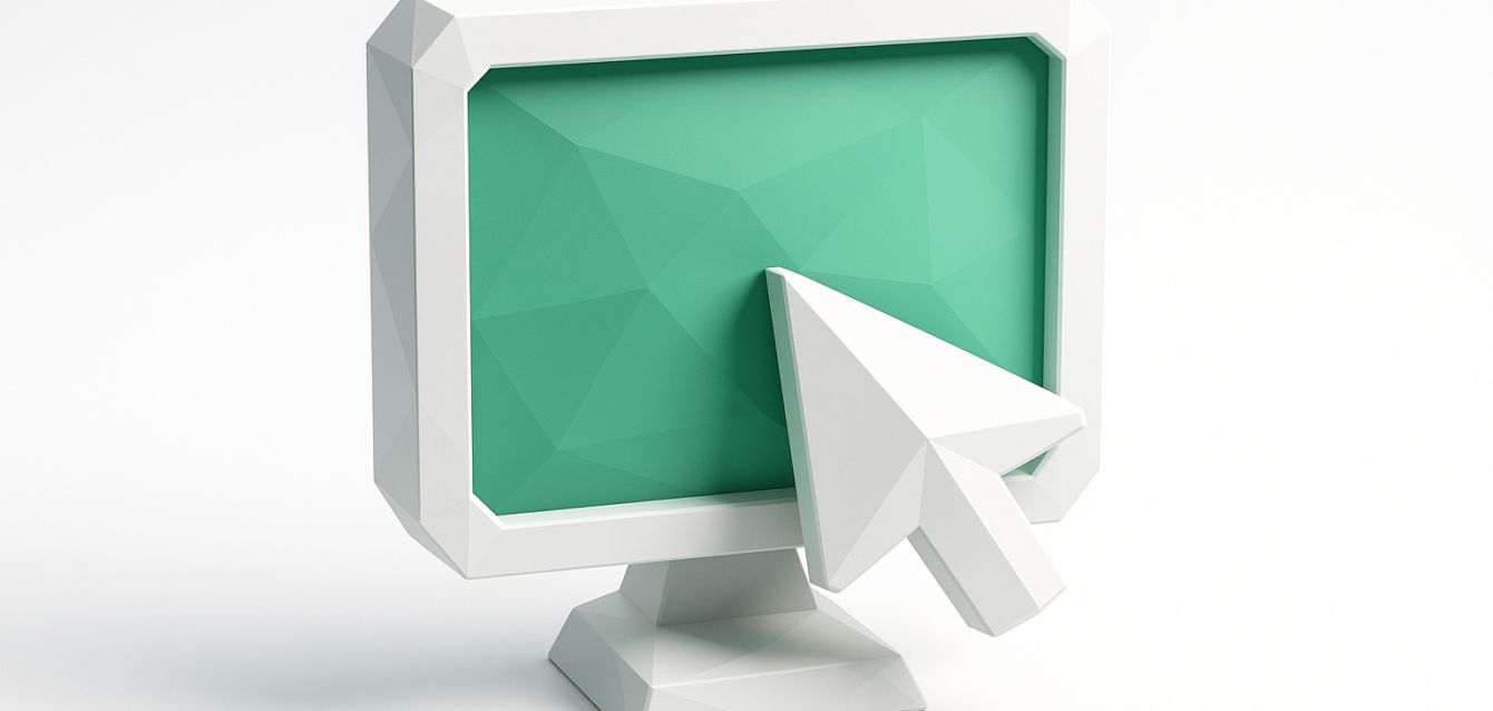 Install Cursor on Mac and Windows - Monitor with Cursor Icon 3D computer monitor with a large white cursor pointing at a green screen, symbolizing installing a custom cursor on Mac and Windows