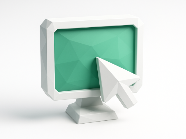 Mac ve Windows'ta özel bir imleç yüklemeyi simgeleyen, yeşil bir ekranı işaret eden büyük beyaz imleçli 3D bilgisayar monitörü