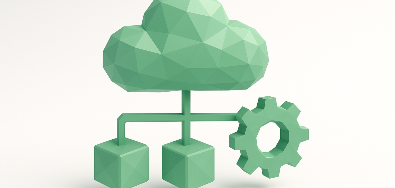IPaaS Cloud Integration Concept Illustration Green low-poly cloud connected to three cubes and a gear, symbolizing an IPaaS cloud integration platform, data flow, and automation