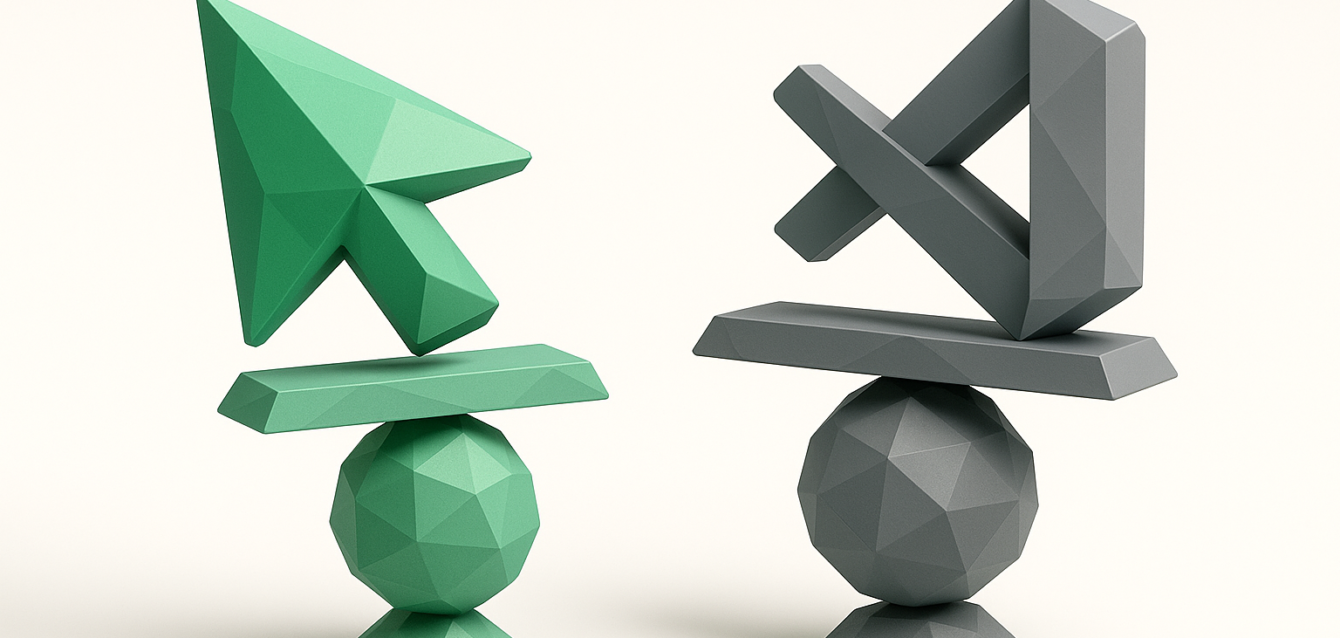 Cursor vs VS Code 2026 — 3D balancing icons for comparison article 3D illustration of a green Cursor-like arrow and a gray VS Code-like icon balanced on geometric pedestals, representing a Cursor vs VS Code comparison.