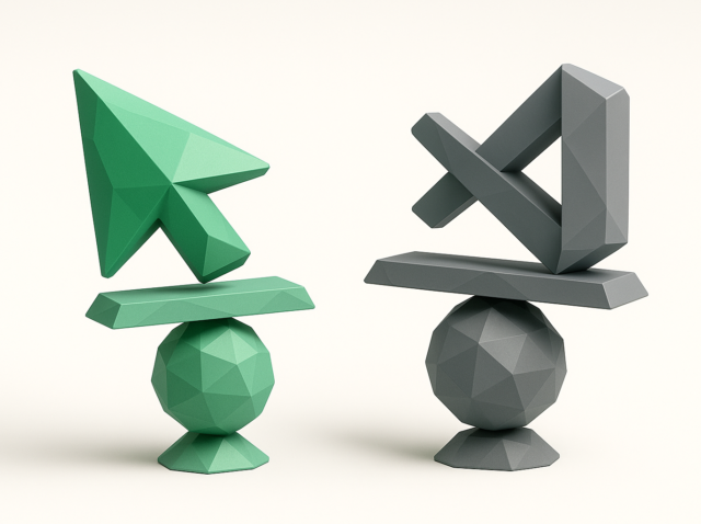 3D illustration of a green Cursor-like arrow and a gray VS Code-like icon balanced on geometric pedestals, representing a Cursor vs VS Code comparison.