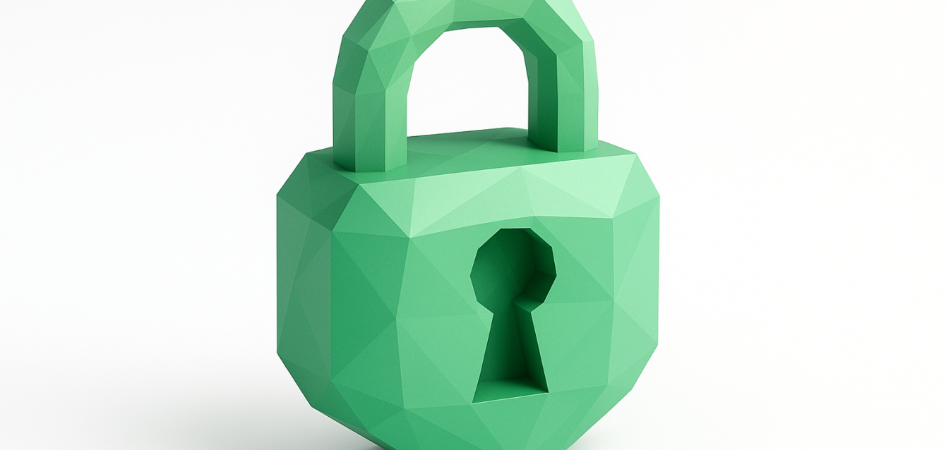Low-poly green padlock with keyhole on a white background representing secure automation and access control for Make.com in a CISO's guide