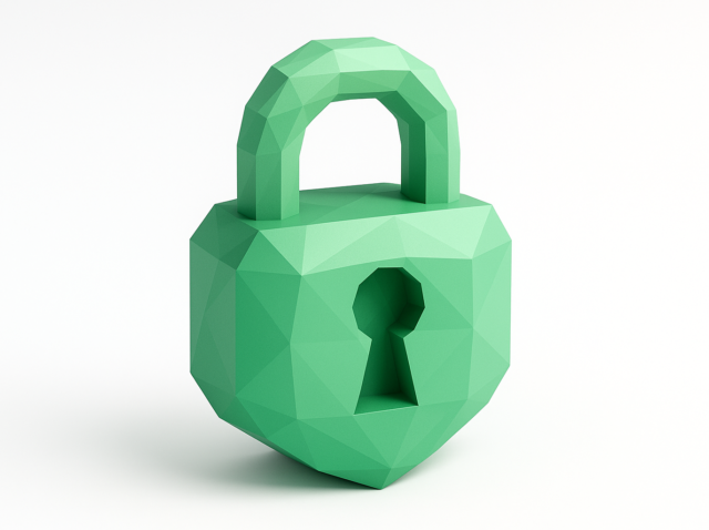 Bir CISO kılavuzunda Make.com için güvenli otomasyon ve erişim kontrolünü temsil eden beyaz arka plan üzerinde anahtar deliği olan düşük poli yeşil asma kilit