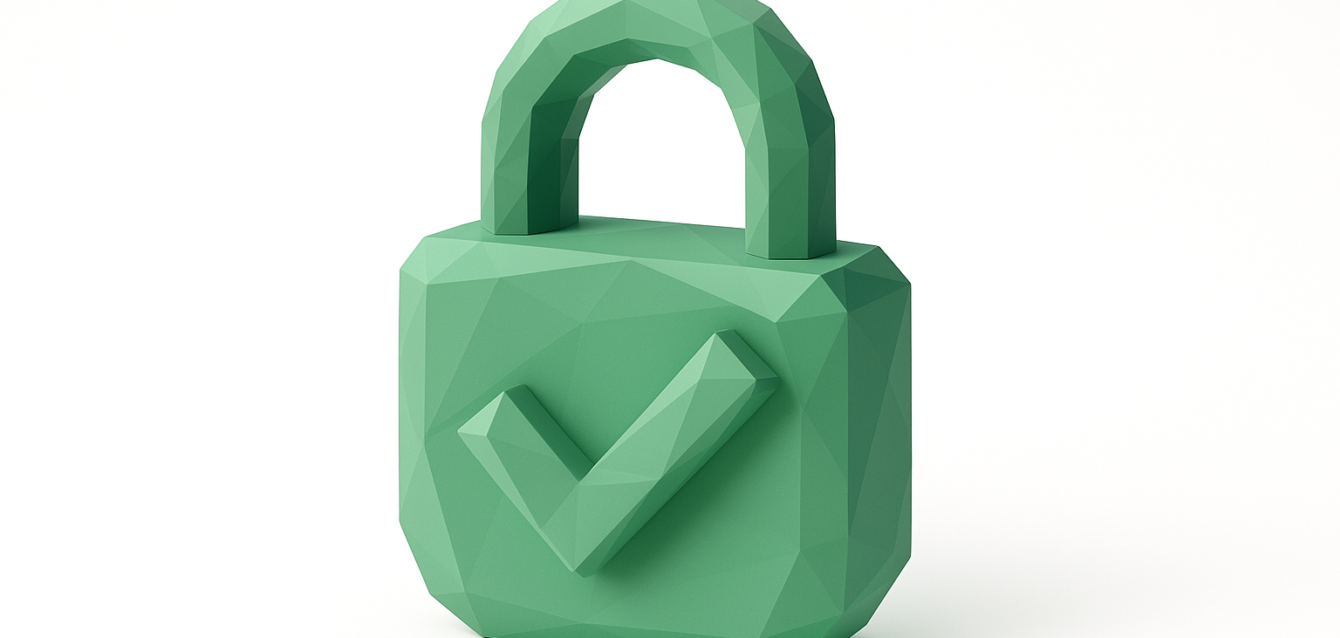 n8n Commercial Use Approved Padlock Icon Low-poly green padlock with a checkmark on a white background, symbolizing approved licensing or secure permission for commercial use of n8n