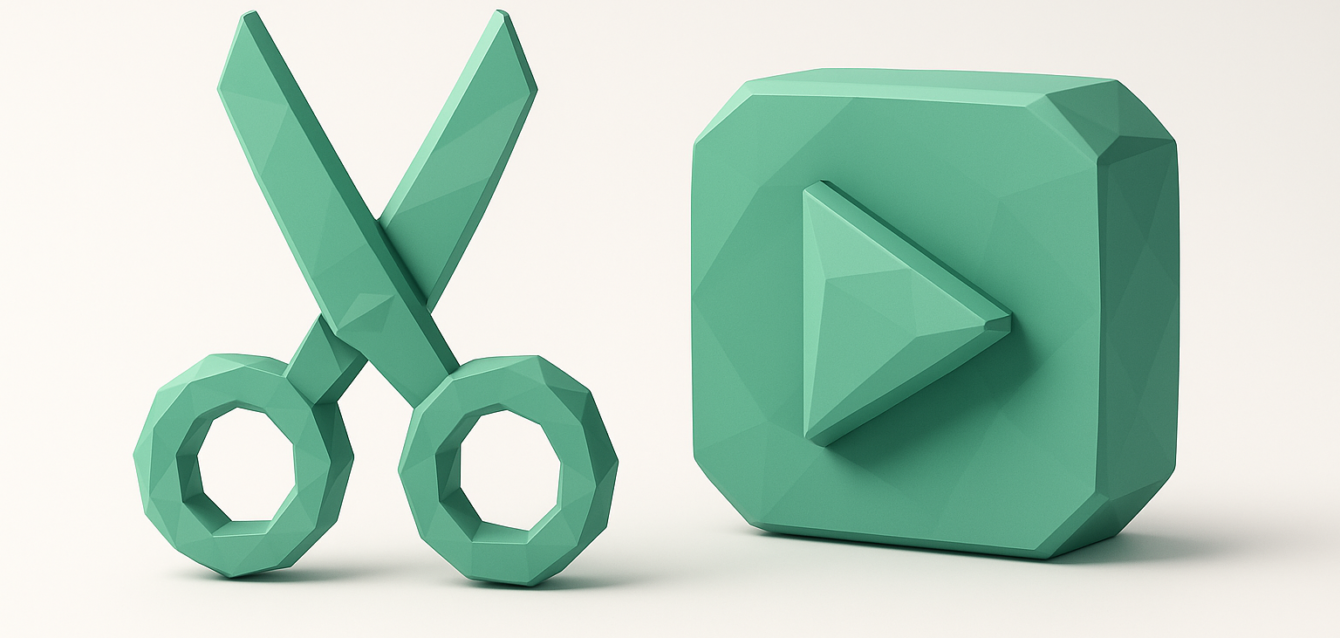 JsonCut vs Json2Video: Scissors and Play Icon Visual for 2026 Video Stack Teal low-poly scissors beside a teal play-button icon, symbolizing video editing and automation in a JsonCut vs Json2Video 2026 video stack comparison