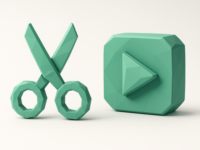 Teal low-poly scissors beside a teal play-button icon, symbolizing video editing and automation in a JsonCut vs Json2Video 2026 video stack comparison