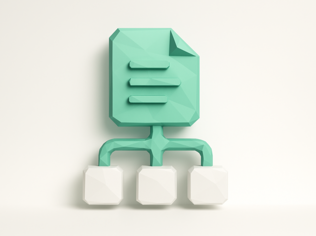 Abstract 3D teal document icon connected to three modules representing low-code business process management (BPM), workflow automation and modular processes for 2026