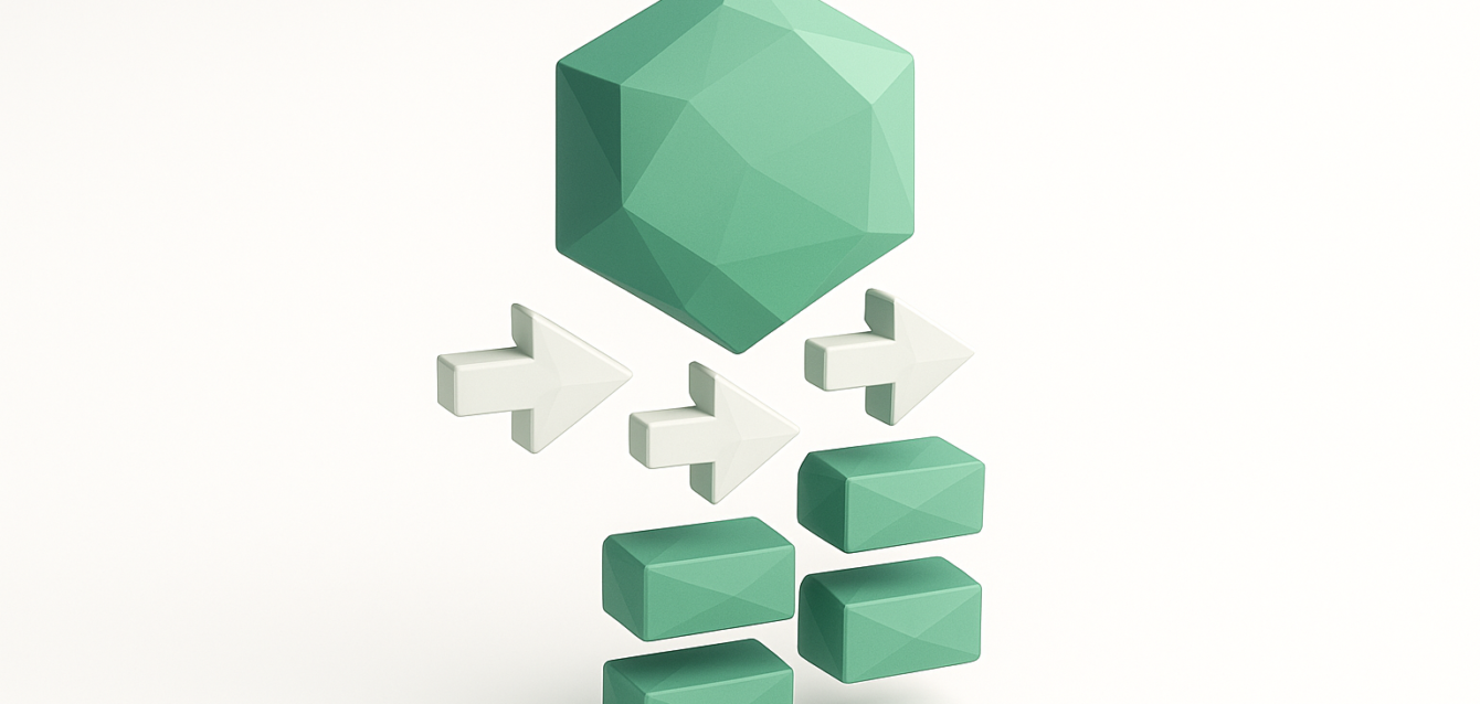 Make.com Array Iterator Tutorial — Illustration of Iterating Arrays with Arrows and Blocks 3D green geometric icon above three white arrows pointing right toward stacked green rectangular blocks, illustrating Make.com array iterator and iterating arrays