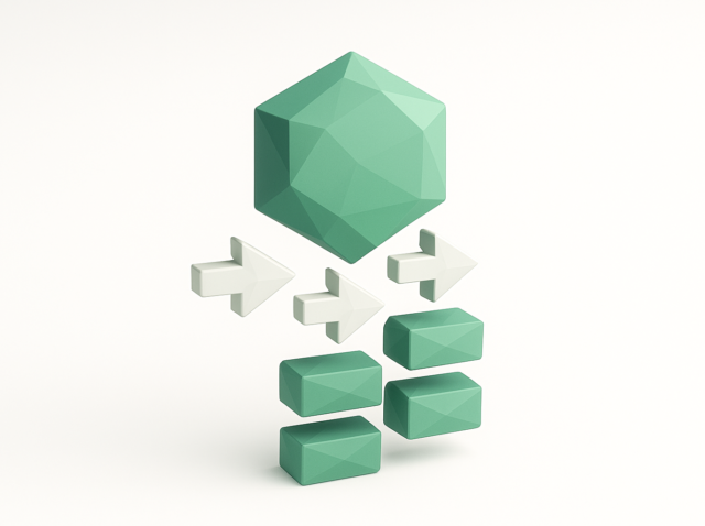 3D green geometric icon above three white arrows pointing right toward stacked green rectangular blocks, illustrating Make.com array iterator and iterating arrays