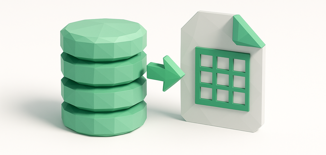 Make.com Data Store vs Google Sheets - Data Transfer Illustration 3D mint-green database stack with an arrow pointing to a spreadsheet file icon, illustrating transferring data from Make.com Data Store to Google Sheets
