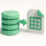 Make.com Data Store vs Google Sheets: Which to Use? 4 3D mint-green database stack with an arrow pointing to a spreadsheet file icon, illustrating transferring data from Make.com Data Store to Google Sheets